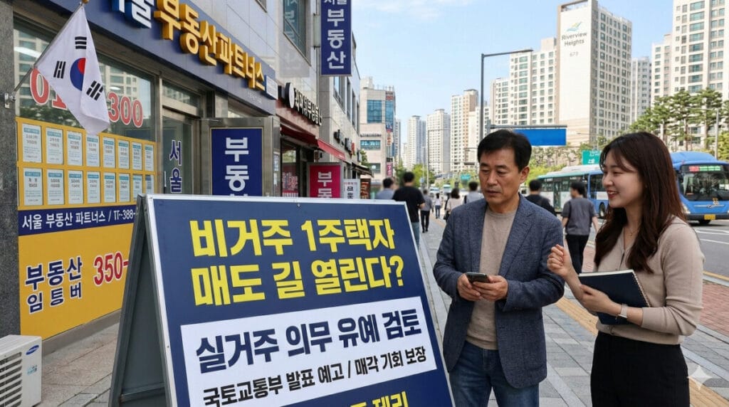 "비거주 1주택자, 매도할 수 있나?"와 "실거주 의무 유예의 검토"라는 문구를 명확하게 배치하여 주제를 강조한 이미지