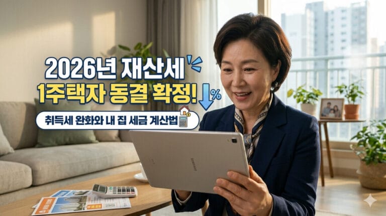 따뜻한 햇살이 드는 거실에서 중년 여성이 태블릿 화면을 보며 환하게 웃고 있다. 태블릿 화면에는 '2026년 재산세 1주택자 동결 확정!'이라는 큰 제목과 함께 '취득세 완화와 내 집 세금 계산법'이라는 문구가 선명하게 보이는 블로그 썸네일 실사 이미지. 여성이 앉은 테이블 위에는 계산기와 부동산 전단지, 그리고 창밖으로 현대적인 아파트 단지가 보인다