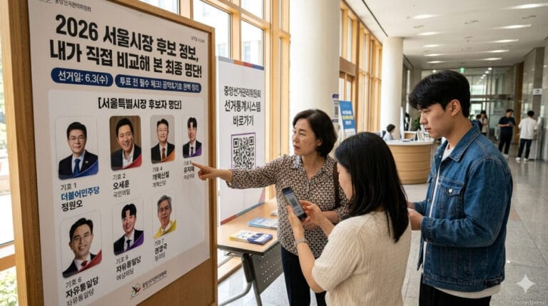 2026 서울시장 선거 정보 안내판을 유심히 살펴보고 있는 세 명의 남녀 유권자들. 안내판에는 '2026 서울시장 후보 정보, 내가 직접 비교해 본 최종 명단!'이라는 문구와 함께 기호 1번 정원오(더불어민주당), 기호 2번 오세훈(국민의힘), 기호 4번 김정철(개혁신당), 기호 5번 유지혜(여성의당), 기호 6번 이강산(자유통일당), 기호 7번 권영국(정의당) 후보의 프로필 사진과 정당명이 깔끔하게 정렬되어 있다. 중앙에는 중앙선거관리위원회 선거통계시스템 바로가기 QR코드가 보이며, 한 여성이 스마트폰으로 QR코드를 스캔하려 하고 있고 다른 남녀가 이를 함께 지켜보고 있는 밝고 정돈된 선거 홍보관의 실사 풍경