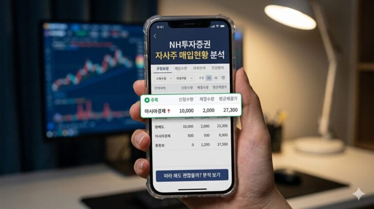 투명 케이스를 씌운 스마트폰을 든 손이 밤 시간 책상 위에서 'NH투자증권 자사주 매입현황 분석'이라고 적힌 주식 거래 화면을 보여주고 있다. 화면 속 데이터 테이블에서 '아시아경제' 종목이 초록색 '주목' 아이콘과 상승 화살표와 함께 강조되어 있으며, 하단에는 '따라 해도 괜찮을까? 분석 보기'라는 글자가 선명하게 보인다. 배경의 흐릿한 모니터에는 금융 차트가 띄워져 있다