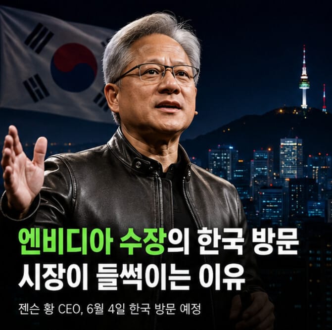 엔비디아 CEO 젠슨 황이 한국 국기와 서울 야경을 배경으로 연설하는 모습. 한국 방문 소식으로 국내 AI·반도체 시장의 기대감이 높아지는 장면