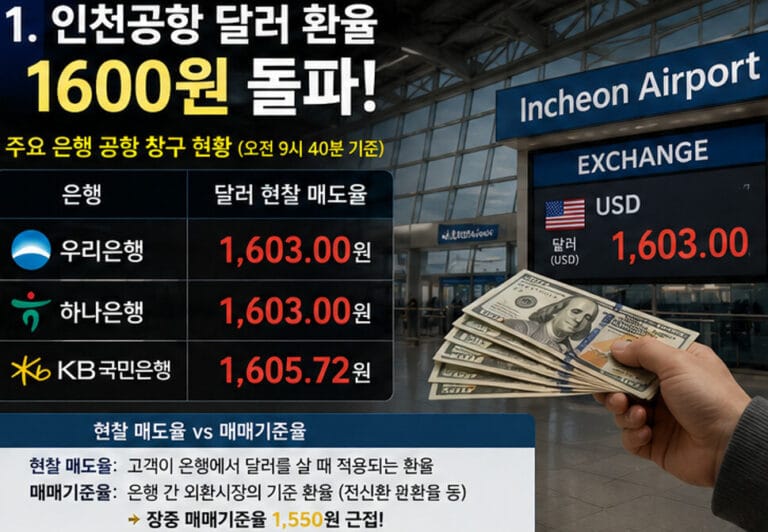 인천공항 달러 환율 1600원 돌파 현황, 우리은행 하나은행 KB국민은행 공항 환전 창구 현찰 매도율 비교 인포그래픽