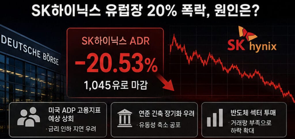 SK하이닉스 유럽장 ADR 주가가 20.53% 급락한 배경을 설명하는 인포그래픽. 미국 고용지표 호조와 금리 인하 지연 우려, 반도체 섹터 투자심리 악화가 주가 하락 원인으로 제시되고 있다.