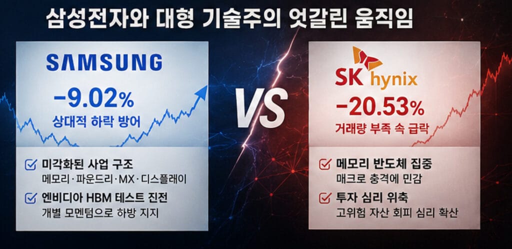삼성전자와 SK하이닉스의 주가 하락 폭을 비교한 인포그래픽. 삼성전자는 사업 다각화로 상대적 방어력을 보였고, SK하이닉스는 메모리 반도체 의존도가 높아 큰 폭의 하락을 기록한 내용을 담고 있다.