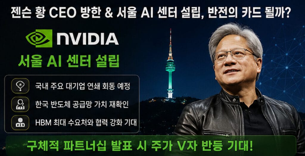 엔비디아 젠슨 황 CEO의 방한과 서울 AI 센터 설립 소식을 배경으로 SK하이닉스의 반등 가능성을 설명하는 이미지. HBM 기술 경쟁력과 AI 반도체 수요 증가가 장기 성장 동력으로 제시되고 있다.
