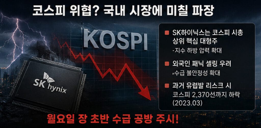 코스피 지수와 SK하이닉스 반도체 이미지를 활용해 유럽발 급락이 국내 증시에 미칠 영향을 분석한 이미지. 외국인 매도 확대와 월요일 장 초반 변동성 가능성을 강조하고 있다.