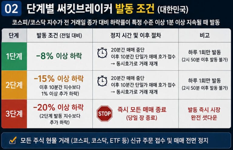 대한민국 코스피·코스닥 시장의 써킷브레이커 1단계, 2단계, 3단계 발동 기준과 거래 정지 시간을 정리한 인포그래픽. 지수 하락률별 대응 절차와 시장 셧다운 조건을 한눈에 보여