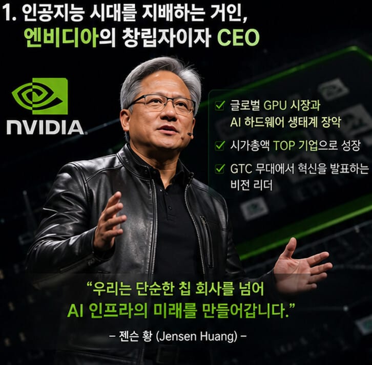 엔비디아 CEO 젠슨 황이 검은 가죽 재킷을 입고 AI 시대 비전을 발표하는 모습과 엔비디아 로고, GPU 및 인공지능 시장 지배력을 소개하는 인포그래픽
